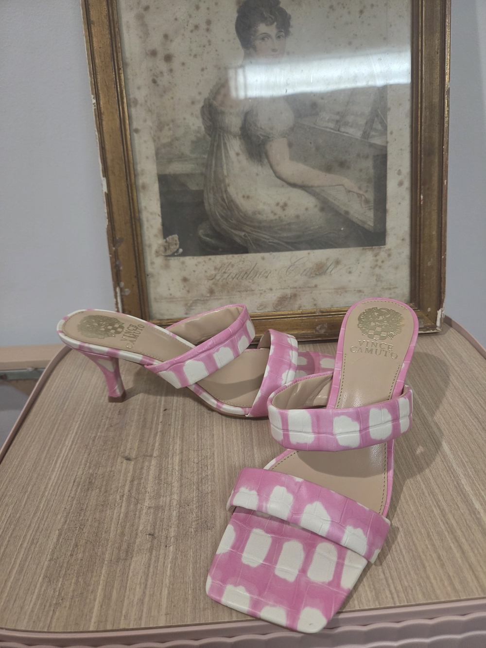 Vince Camuto Pink and White Patterned Square-Toe Mules